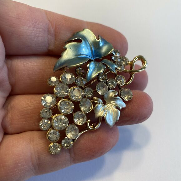 Vintage inspired brooch charming rose gold tone blue leaf & rhinestones clusters - Picture 2 of 5